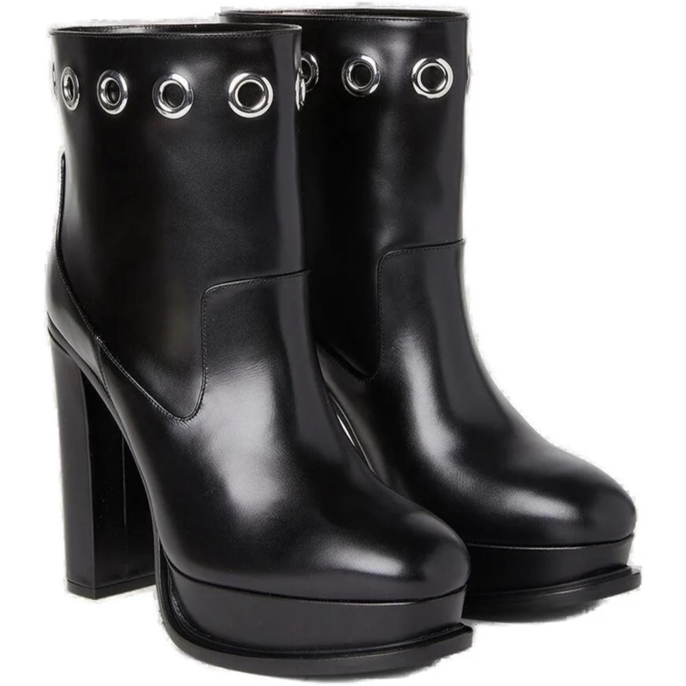 Alexander McQueen Eyelet Grommet Leather Platform Heel Ankle Boots Size 38